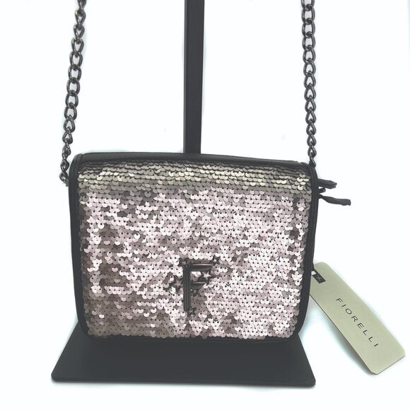 FIORELLI Silver & Black Sequin Nighttails Small Flap Crossbody Chain Strap NWT - Picture 4 of 10